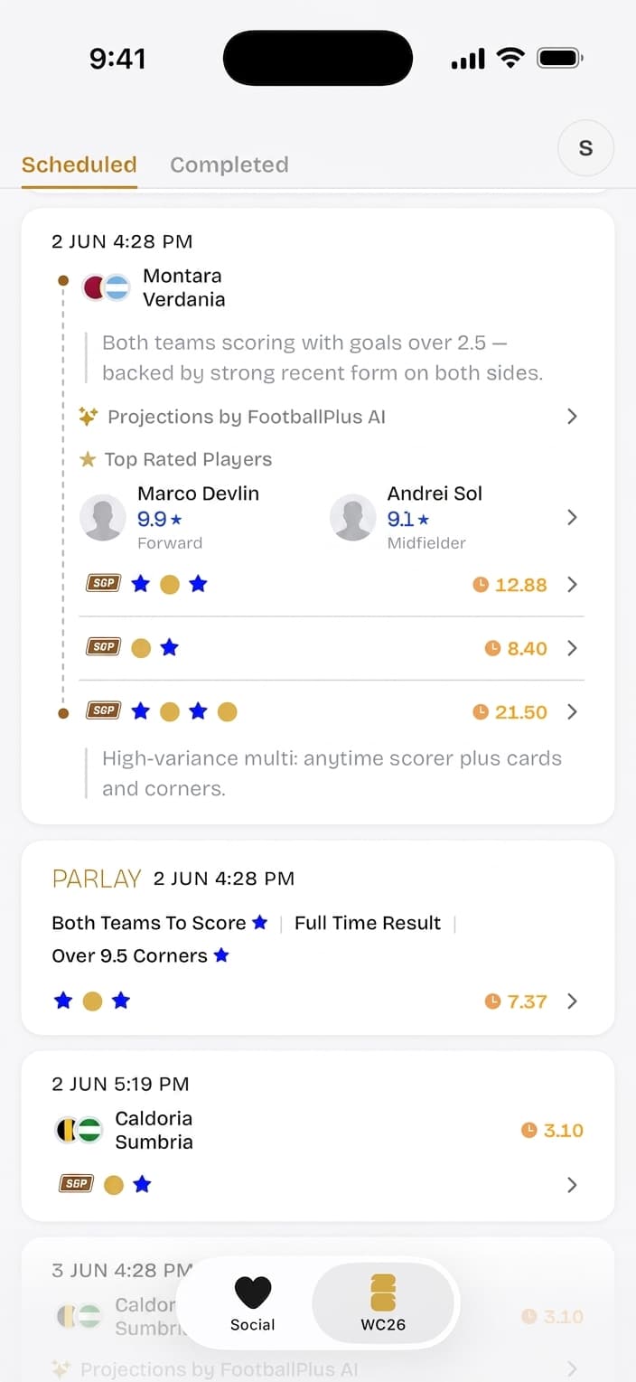 FootballPlus picks feed with same-game parlay legs and odds